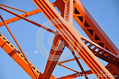 Tokyo Tower and daytime moon, Tokyo landmark with blue sky. Stock Photo