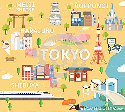 Tokyo travel map in flat illustration. Cartoon Illustration