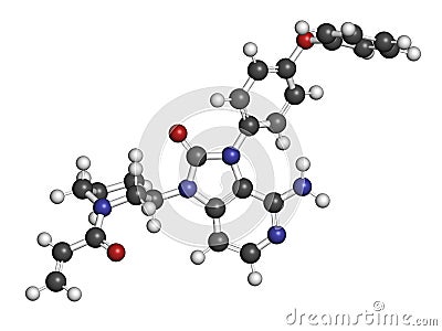 Tolebrutinib multiple sclerosis drug molecule. 3D rendering. Atoms are represented as spheres with conventional color coding: Stock Photo