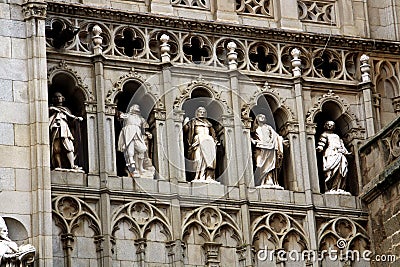Cathedral of Toledo. Architecture and art gothic in Spain. Sculputures in the exterior facade. Stock Photo