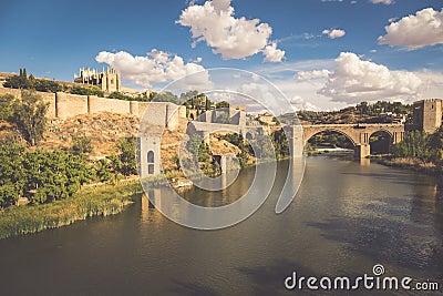 Toledo, Spain town skyline on the Tagus River. Stock Photo