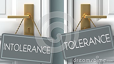 Tolerance or intolerance as a choice in life - pictured as words intolerance, tolerance on doors to show that intolerance and Cartoon Illustration