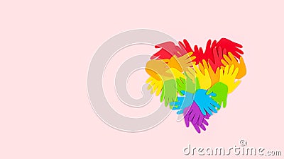 Tolerance, kindness, cooperative, friendship, charity humanitarian aid day concept. Many rainbow color palm hands on pink Stock Photo