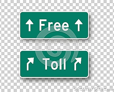Toll and free road signs isolated vector design elements. Highway green boards collection on transparent background Vector Illustration