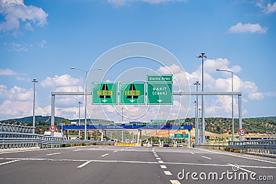 Toll freeway sign. Otoyol 33 or North Aegean Motorway (Kuzey Ege Otoyolu). Editorial Stock Photo