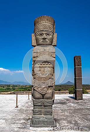 Toltec Warriors or Atlantes columns at Pyramid of Quetzalcoatl in Tula, Mexico Stock Photo