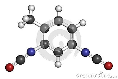 Toluene diisocyanate TDI, 2,4-TDI polyurethane building block molecule. May be a carcinogen. Atoms are represented as spheres. Stock Photo