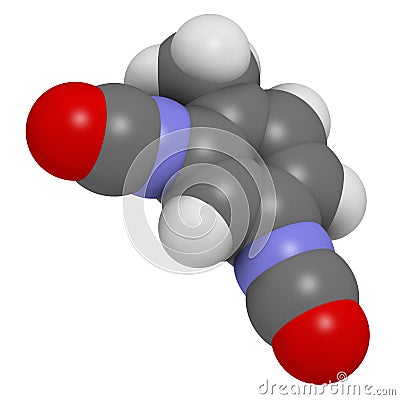 Toluene diisocyanate (TDI, 2,4-TDI) polyurethane building block molecule. May be a carcinogen. Atoms are represented as spheres Stock Photo