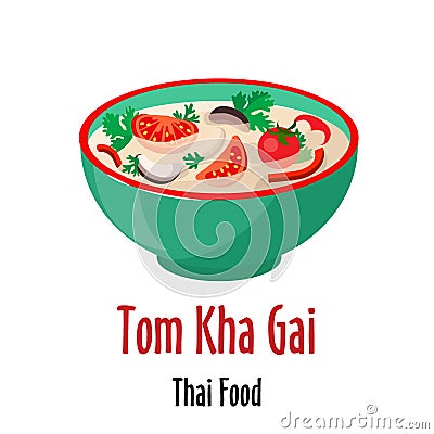 Tom kha gai thai soup icon, spicy tasty dish in colorful bowl isolated vector illustration. Vector Illustration