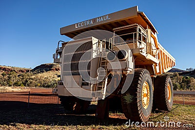 Unit Rig Lectra Haul Mark 36 Dump Truck near Tom Price museum and iron ore mines Editorial Stock Photo