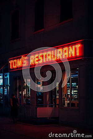 Tom`s Restaurant at night, in Morningside Heights, Manhattan, New York City Editorial Stock Photo