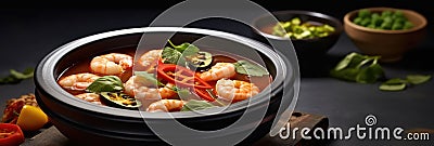 Tom yam shrimp, Thai soup with tiger shrimp in black bowl, Restaurant menu, Banner Stock Photo