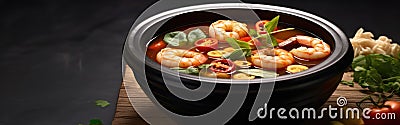 Tom yam shrimp, Thai soup with tiger shrimp in black bowl, Restaurant menu, Banner Stock Photo