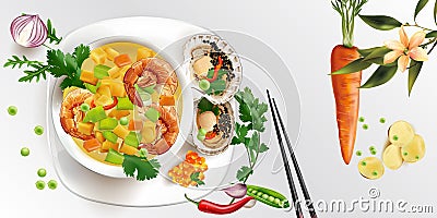 Tom Yam soup with shrimps and scallops with black caviar. Vector Illustration