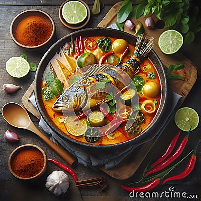 Tom Yum Goong, Thai Spicy Seafood Curry with Tom Yum Goong on wooden background Stock Photo