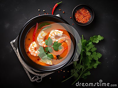 Tom Yum Goong, Thai spicy soup with shrimps. Made with Generative AI Stock Photo