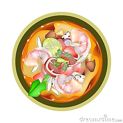 Tom Yum Goong or Thai Spicy Sour Soup with Shrimps Vector Illustration