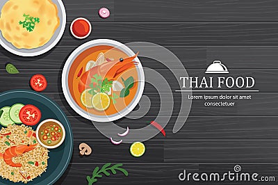 Tom yum kung in the bowl on black wood table top view. Thailand set food background Vector Illustration