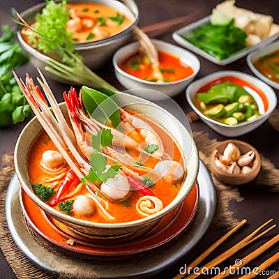 Tom Yum Kung is a national dish of Thailand that is famous all over the world for its spicy and delicious taste. Stock Photo