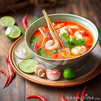 Tom Yum Kung is the national dish of Thailand, famous for its spicy and delicious taste. Stock Photo