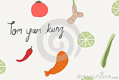 Tom yum kung Thai food ingredients illustration pattern Cartoon Illustration