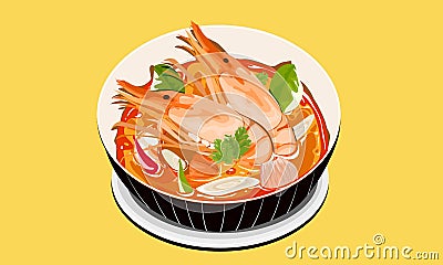 Tom yum kung, Thai hot, spicy and sour soup with prawn in a bowl, Cartoon Illustration
