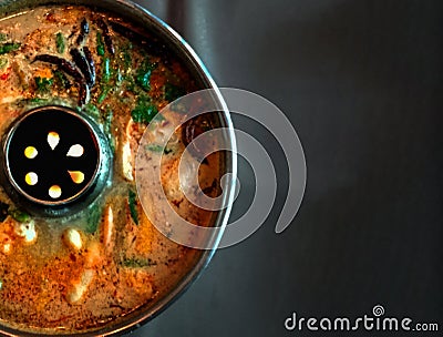Tom-yum-kung ; Thai shrimp soup in hotpot Top view Stock Photo