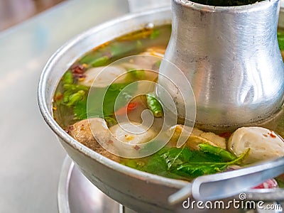 Tom Yum Soup seafood, Thai food cuisine hot pot traditional style. Stock Photo