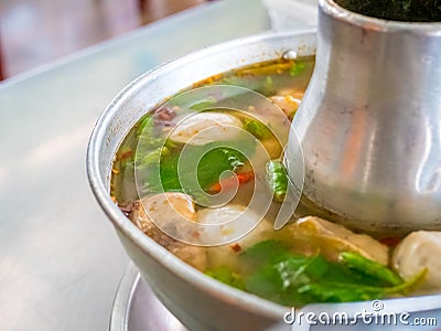 Tom Yum Soup seafood, Thai food cuisine hot pot traditional style. Stock Photo