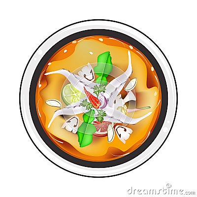 Tom Yum or Thai Spicy Sour Soup with Squids Vector Illustration