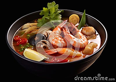 Tom yum traditional asian soup with shrimps and vegetables.Macro.AI Generative Stock Photo