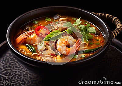 Tom yum traditional asian soup with shrimps and vegetables.Macro.AI Generative Stock Photo