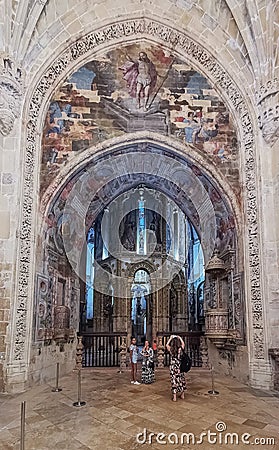 Interior view at the Charola of the Convent of Christ, magnificent Knights Templar architecture, round church altar, paintings and Editorial Stock Photo