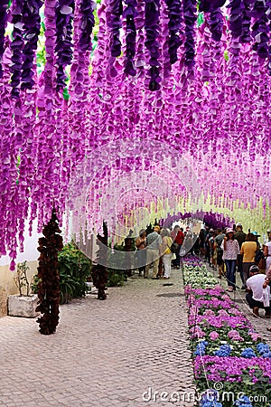 Tomar streets with flower decorations for The Trays Festival Editorial Stock Photo