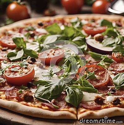 Tomato Basil Pizza with Thin Crust Stock Photo