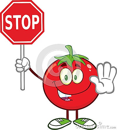 Tomato Cartoon Mascot Character Gesturing And Holding A Stop Sign Vector Illustration