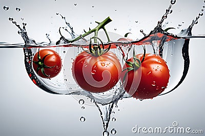 tomato caught mid-air with droplets of water cascading around it, positioned centrally against a stark backdrop Stock Photo