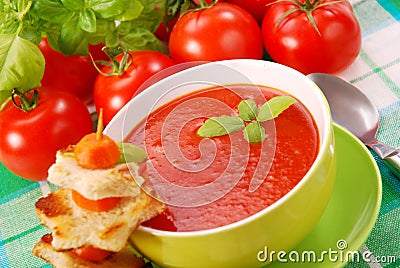 Tomato cream soup with croutons Stock Photo