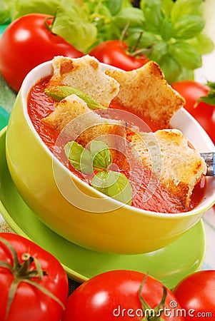 Tomato cream soup with croutons Stock Photo