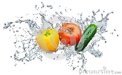 Tomato, cucumber, pepper in spray of water Stock Photo