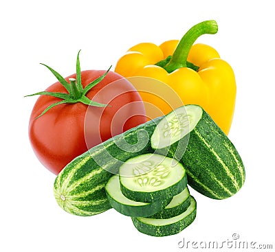 Tomato, cucumber and sweet pepper isolated on white background. Salad ingredients Stock Photo