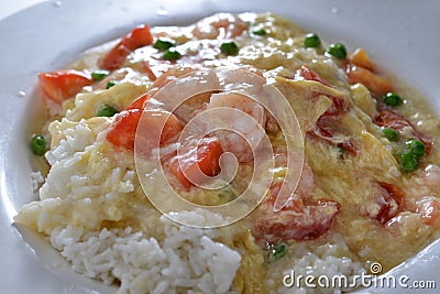 Tomato Egg Steam Shrimp Stock Photo