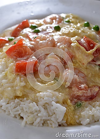 Tomato Egg Steam Shrimp Stock Photo