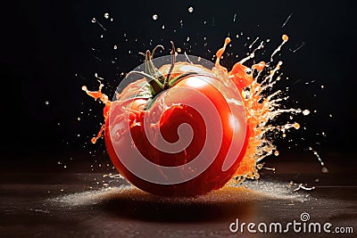 A tomato falling and bursting on the ground Generative AI Illustration Stock Photo