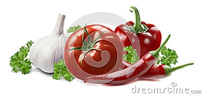 Tomato garlic chili pepper parsley isolated on white Stock Photo