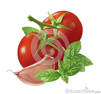 Tomato, garlic and green basil isolated on white background. Pesto ingredients Stock Photo