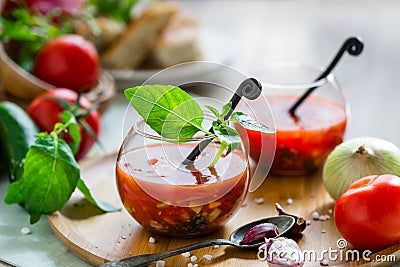 Tomato gazpacho soup in two glass cups Stock Photo