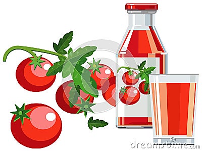 Tomato juice with bottle, glass and tomatoes Vector Illustration