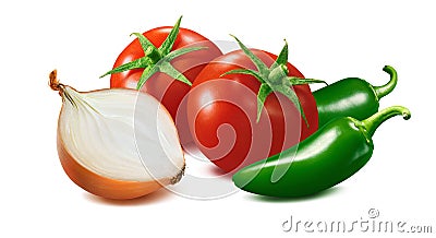 Tomato, onion half and green hot chili pepper isolated on white background Stock Photo