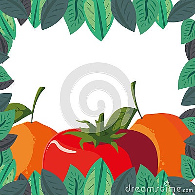 tomato oranges fresh fruits foliage frame Cartoon Illustration